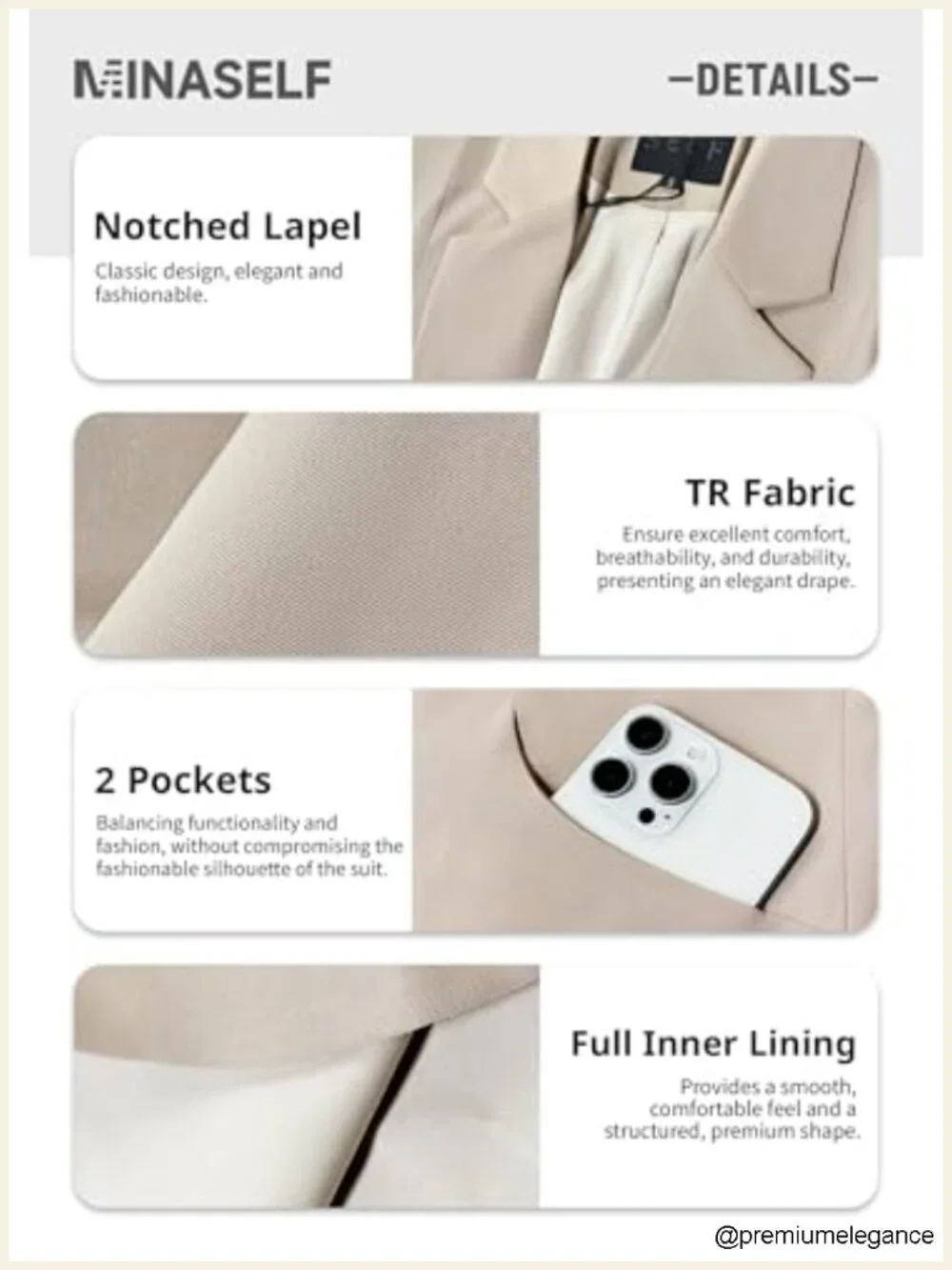 Lightweight Open Front Blazer Notched Lapel Full Lining Polyester Spandex Work